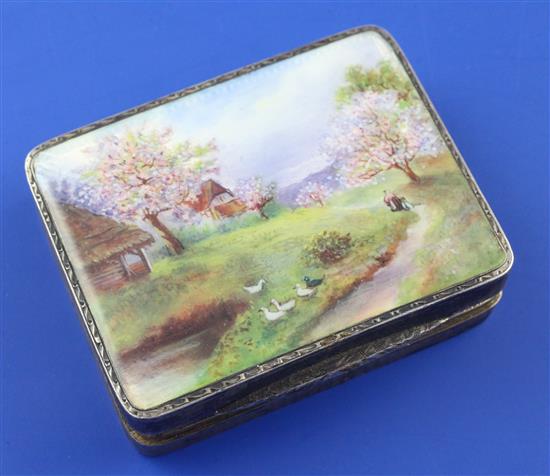 A 1920s continental silver and guilloche enamel rectangular patch box, 2.25in .
